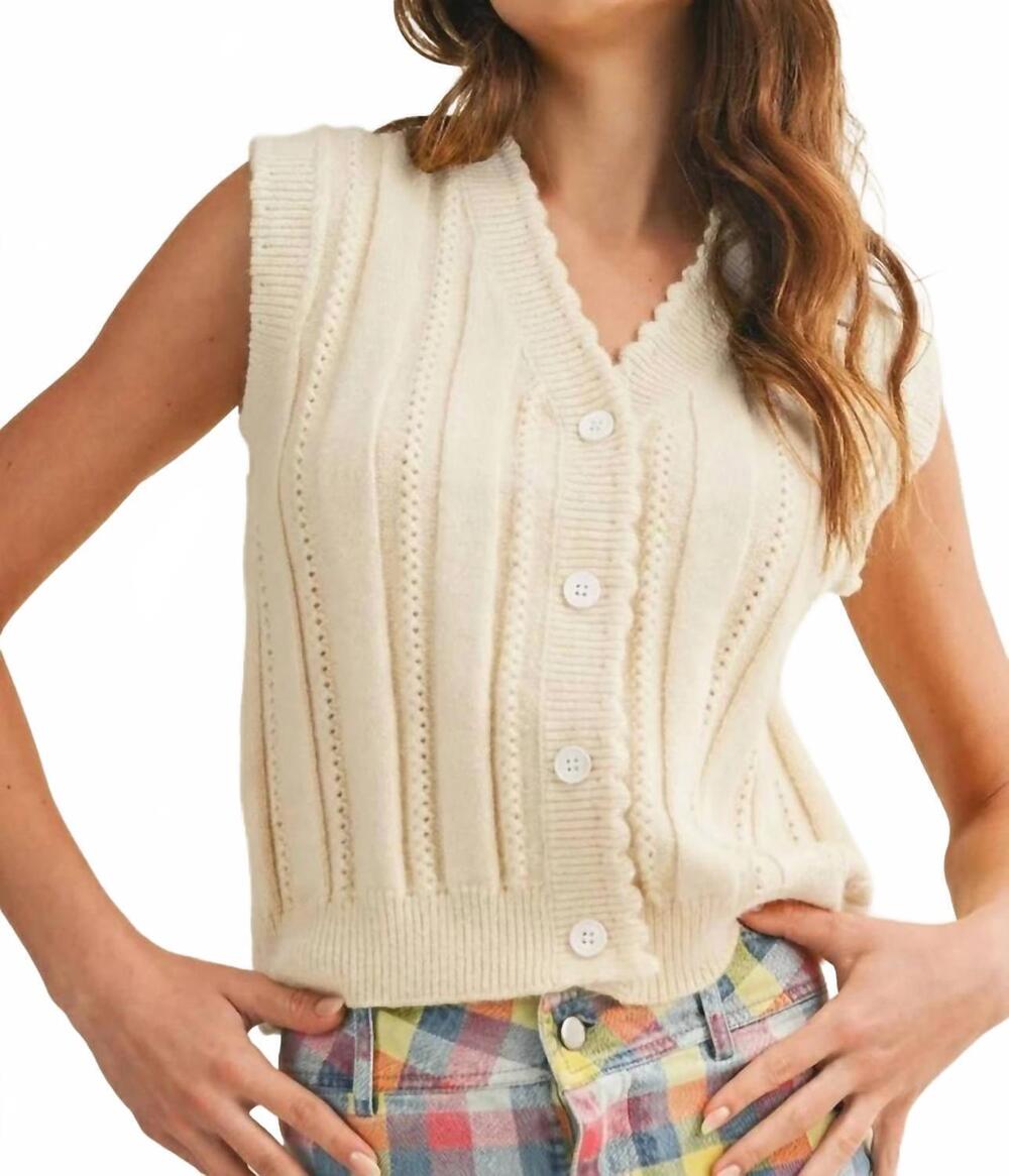 NEW LOVLOV soft horizon cable knit button vest in ivory